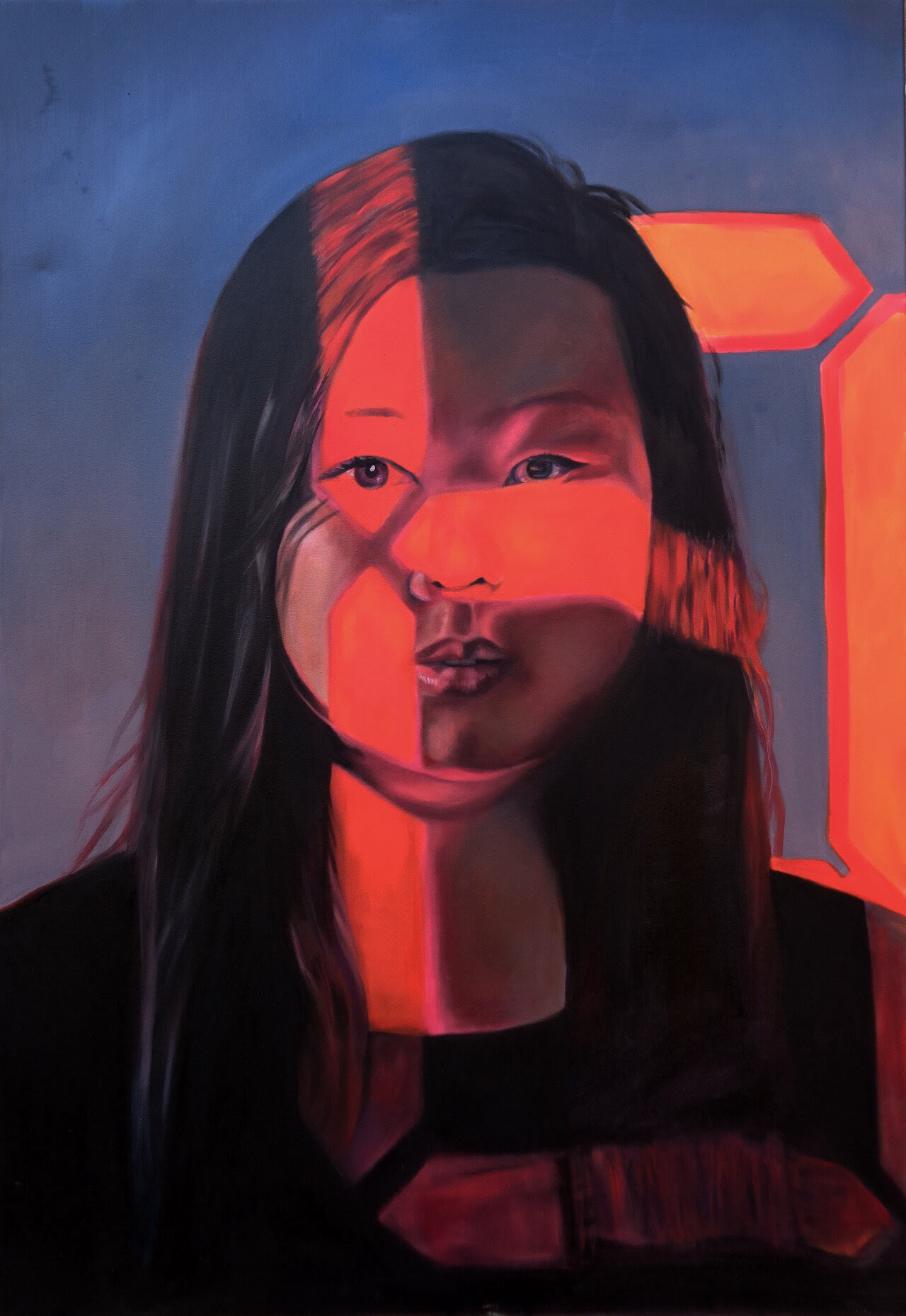 Painted portrait of Diana Mulan Zhu, her face crossed by bands of red-orange light.