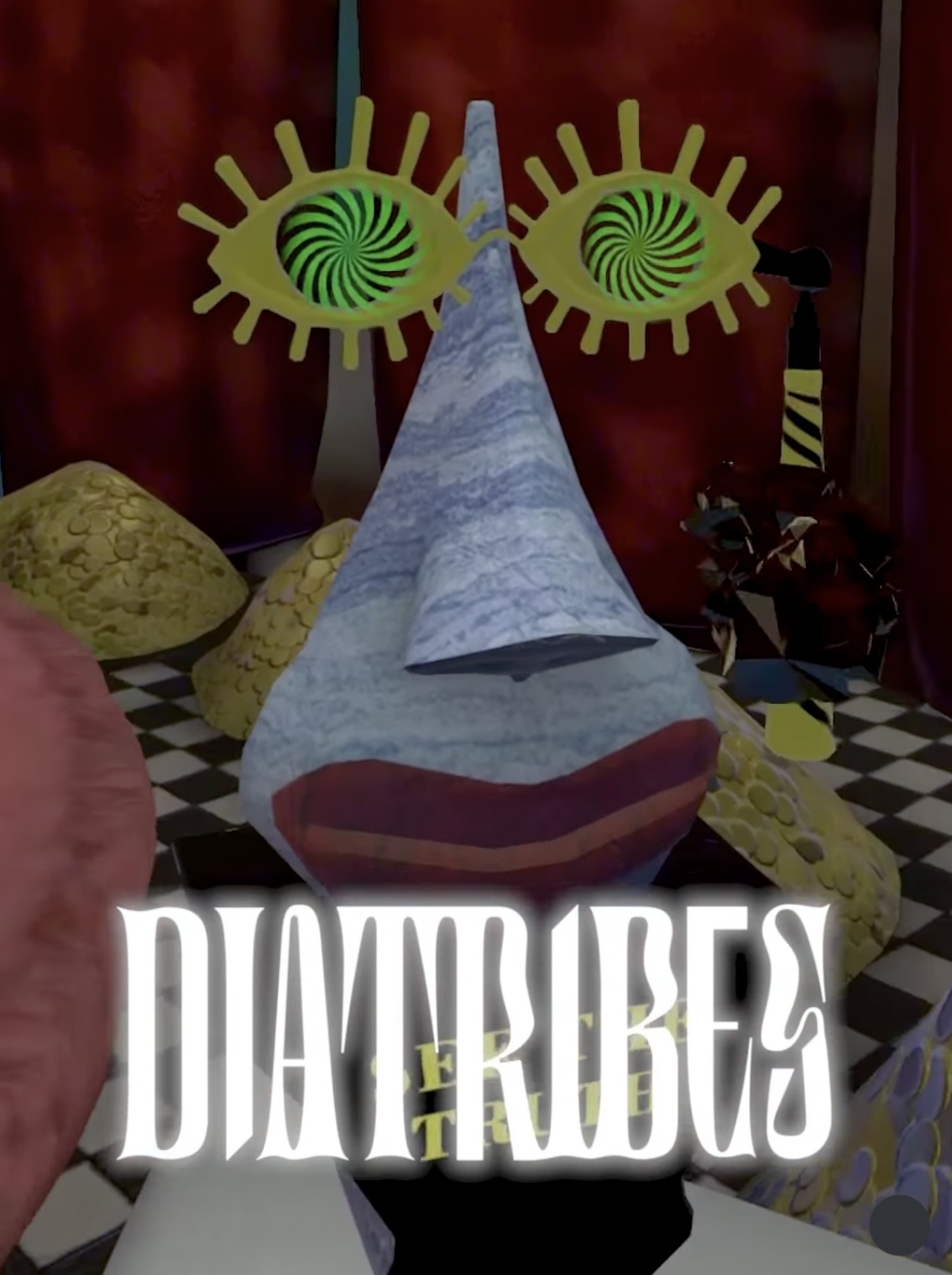 screen cap of VR experience featuring a face and text that reads Diatribes